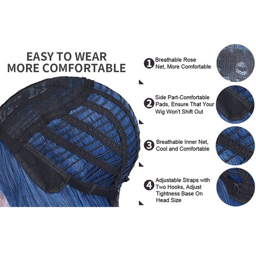 WTHCOS Blue Wig for Women Long Curly Wavy Blue Wig With Bangs Mixed Blue Wig Heat Resistant Synthetic Wig with Wig Cap (Mix Blue)