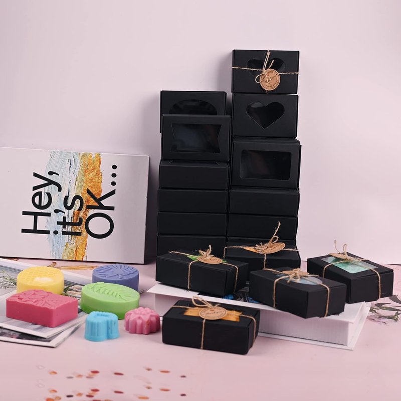 Black Soap Boxes - 32 PCS for Homemade Soap | Rectangular Gift Packaging with Window, 3.54 x 2.36 x 1.18 Inch