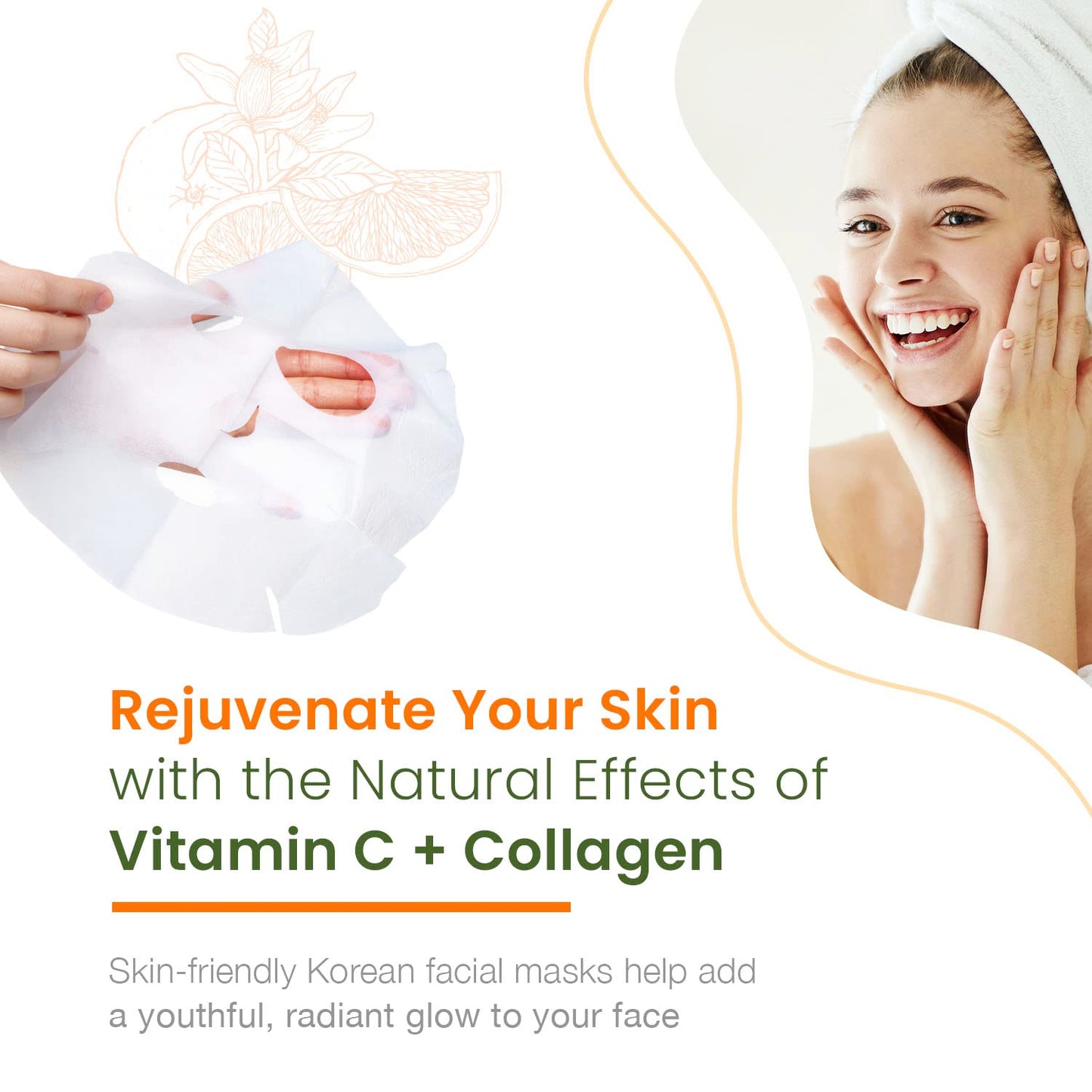 Natural Chemist Vitamin C & Collagen Sheet Face Mask - Brightening, Anti-Aging, Skin Nourishing, Moisturizing, Dermatologist Tested, Cruelty Free Korean Skin Care For All Skin Types - 20 Masks