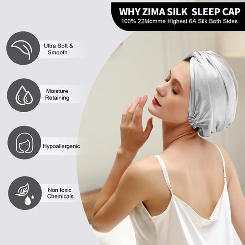 ZIMASILK 22 Momme 100% Mulberry Silk Bonnet for Sleeping & Women Hair Care, Highest Grade 6A Silk Hair wrap for Sleeping with Premium Elastic Stay On Head (1Pc, Light Grey)