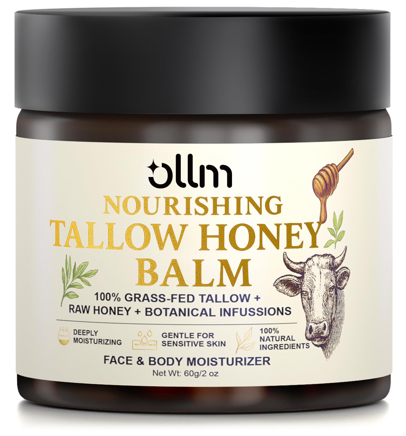 OLLM Beef Tallow for Skin: Grass Fed Tallow and Honey Balm With Raw Honey and Beeswax, Tallow Face Moisturizer Safe for Babies, Moms, and All Skin Types, Light Scent