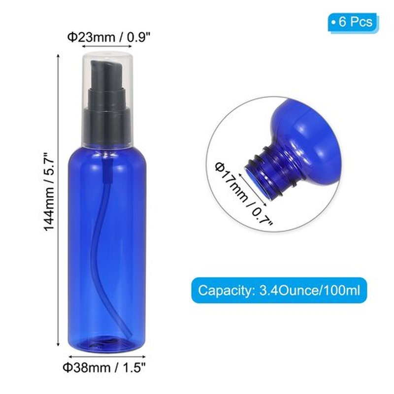 PATIKIL Travel Pump Bottles, 6 Pcs 3.4Oz(100ml) Leak Proof Refillable Empty Dispenser Container Squeeze Bottle with Pump for Shampoo Toiletries Lotion Cream, Blue