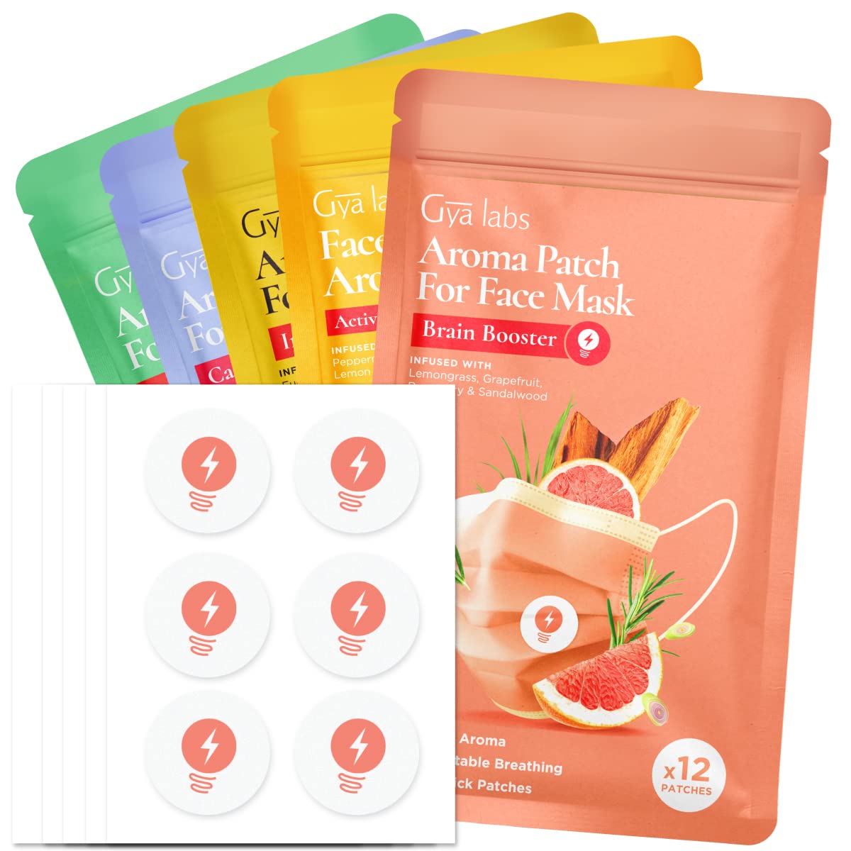 Gya Labs Combo Pack Aroma Mask Patches - Essential Oil Scented Mask Stickers for Face Masks & Pillows, Infused with Essential Oils (5 Packs, 60 Stickers)