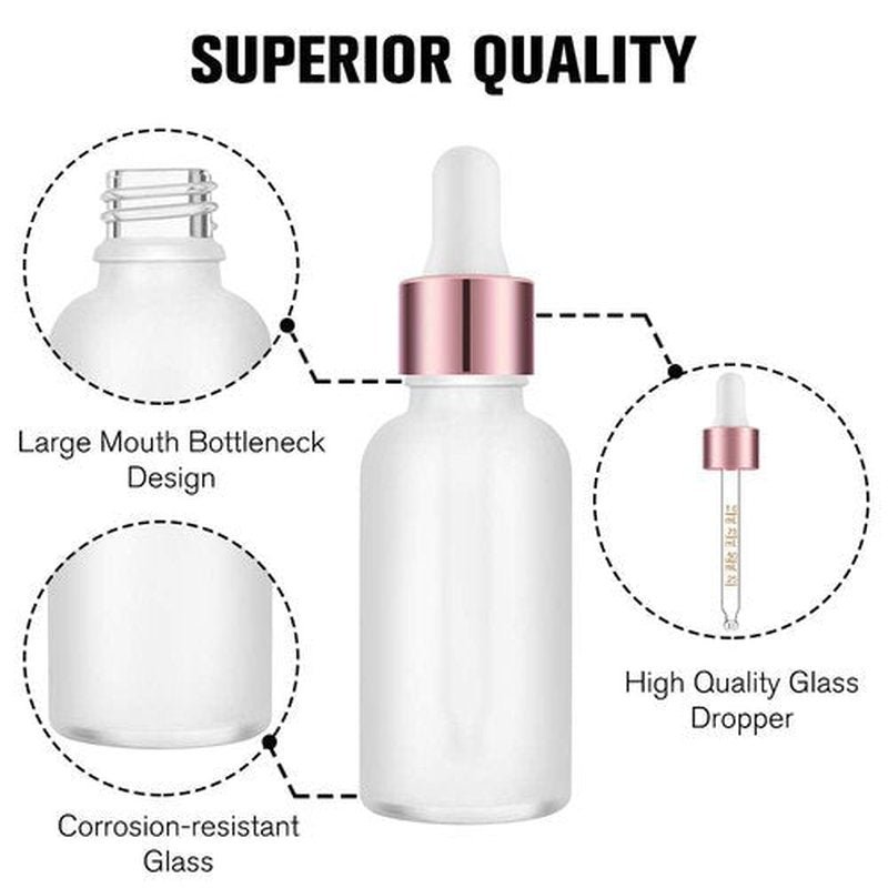 PrettyCare Eye Dropper Bottle 1 oz (24 Pack Frost Rose Glass Bottles 30ml with White and Rose Caps, 48 Labels, Funnel & Measured Pipettes) Empty Tincture Bottles for Essential Oils, Perfume