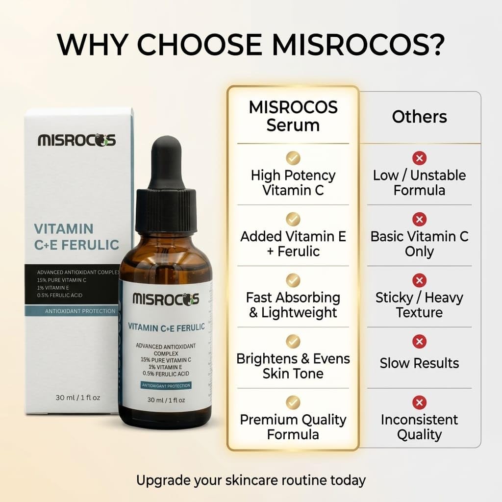 MISROCOS Vitamin C + E Ferulic Acid Serum - 30ml (1 fl oz) | Advanced Antioxidant Complex with 15% Pure Vitamin C | Brightening Face Serum for Fine Lines & Sun Damage (Pack of 1)