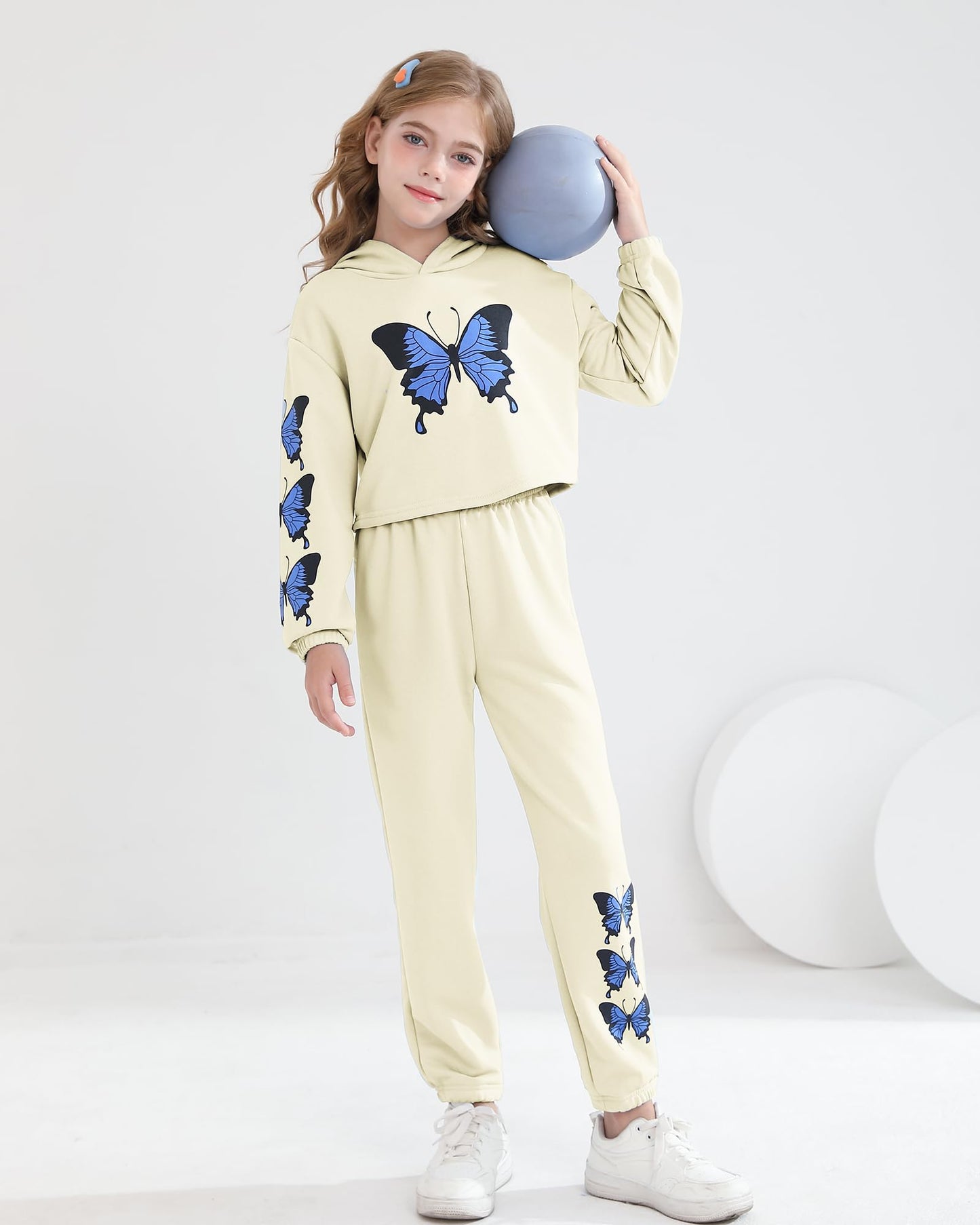 YOURUIKEY Girls' Clothing Set Butterfly Print Crop Top Hoodies Sweatpants 2 Piece Outfits Kids Sweatsuit Tracksuit Jogger Set