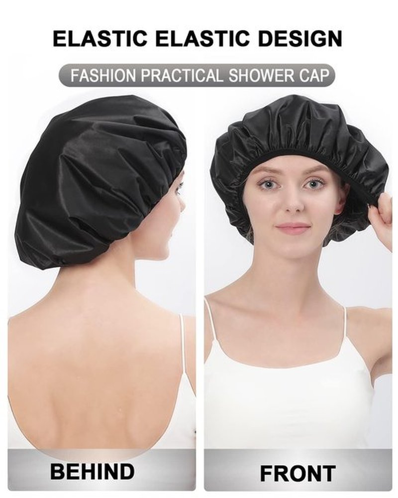YIZIJIZI Terry Lined Shower Cap,Triple Layer Large Cap for Women,Shower Cap Reusable Waterproof,Long Thick Hair(Black)
