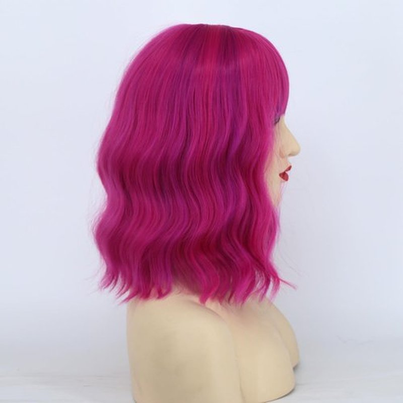 Amyqueen Short Bob Wig for Women Loose Wavy Bob Wig with Bangs for Women Synthetic Short Curly Wave Wigs Heat Resistant Fiber Hair Wigs for Daily(Rose mixed Purple)