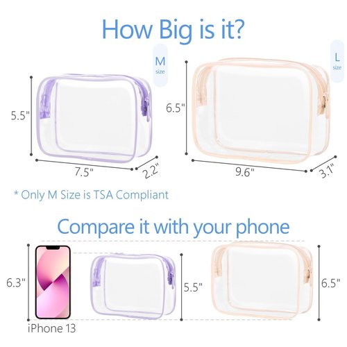PACKISM Clear Makeup Bags, 2 Pack TSA Approved Toiletry Bags in 2 Size Clear Travels Bags for Toiletries, Clear Cosmetic Bags Airport Carry on Clear Compliant Bag, Baby Pink and Purple