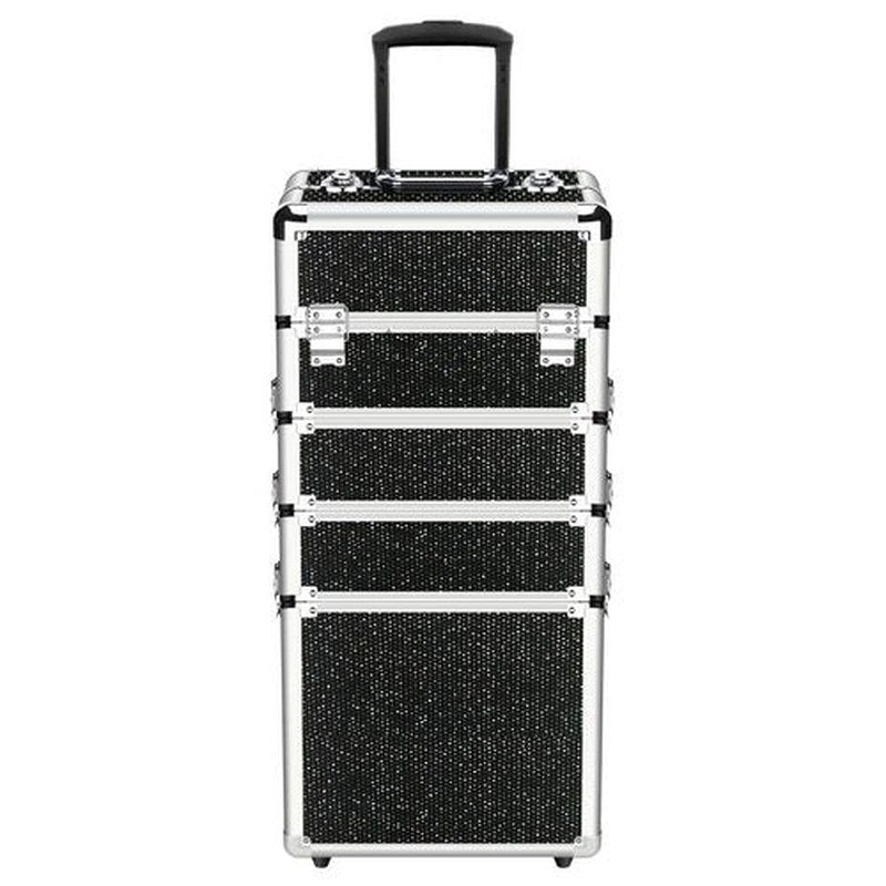 OUDMAY Makeup Case - 4 in 1 Professional Cosmetics Rolling Train Organizer with Aluminum Frame and Folding Trays Black Diamonds