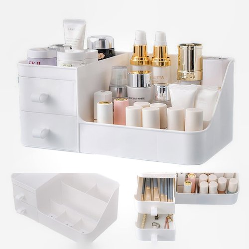 POFUOT skin care organizer,Makeup Desk Organizer With Drawers,Countertop Organizer for Cosmetics,Vanity brush with Holder for Lipstick, Brushes, Eyeshadow, and Desktop (polar white)