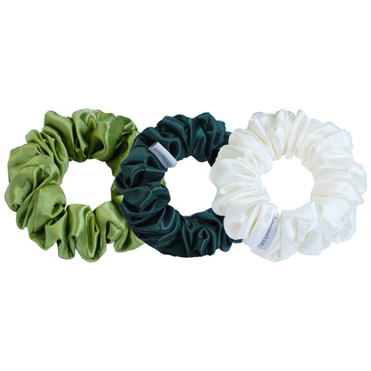 MTSNOO Silk Scrunchies, 3 Pack - 100% Pure 22 Momme Mulberry Silk Scrunchies for Curly Hair with Elastic Band, Silk Hair Ties Ropes Scrunchies Set for Women Girls, Dark Green+Olivine+White