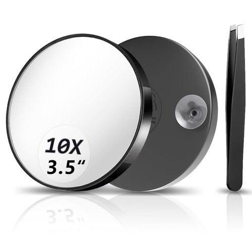 FAHZON 10X Magnifying Mirror, Magnified Mirror 3.5" with Two Suction Cups and Tweezers, Travel Magnifying Mirror Set Comes with Portable Storage Bag, Small Magnifying Mirror for Travel(Black)