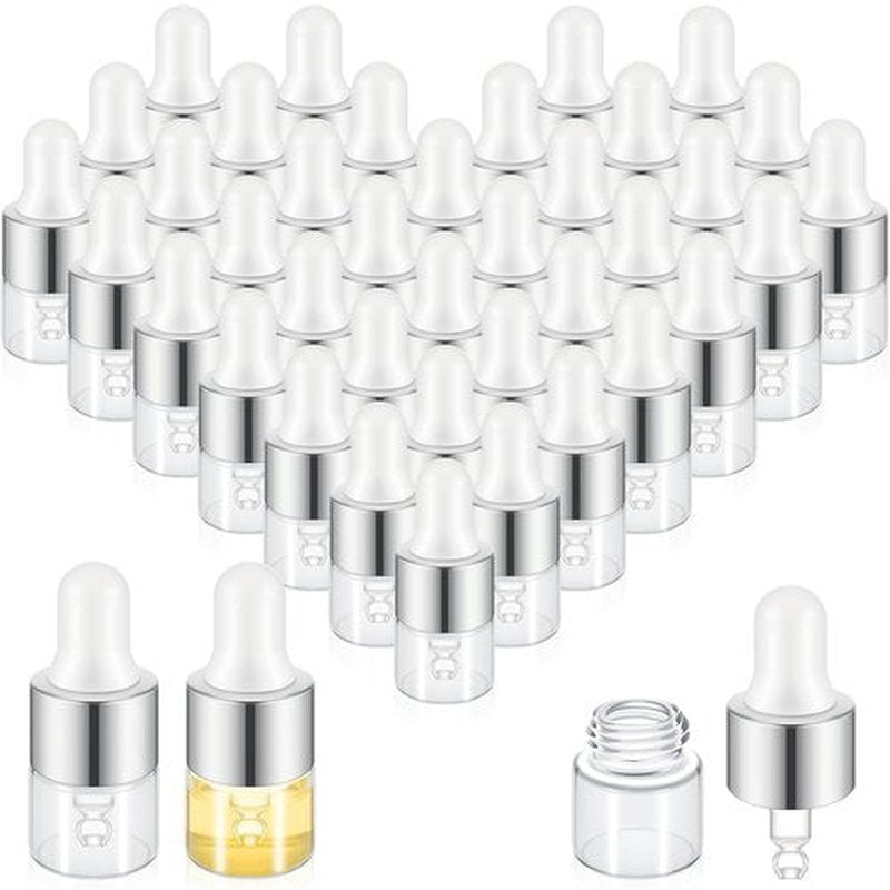 Didaey 100 Pcs Mini Glass Dropper Bottle Bulk, 1 ml Sliver Clear Essential Oil Dropper Bottles Small Tincture Empty Bottles Sample Containers Perfume Liquid Vials with Cap for Traveling