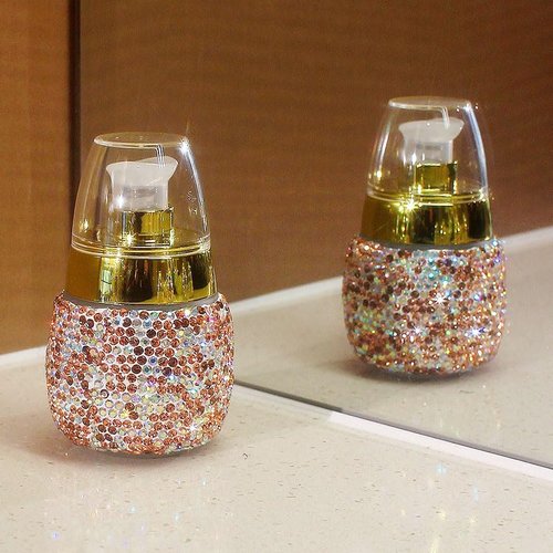 Rhinestone Travel Portable 30ml Lotion Dispensing Empty Bottle - Luxury Bling Glass Cosmetic Empty Container - Press Pump Design for Easy Dispensing - Ideal for Beauty On-The-Go (Golden)