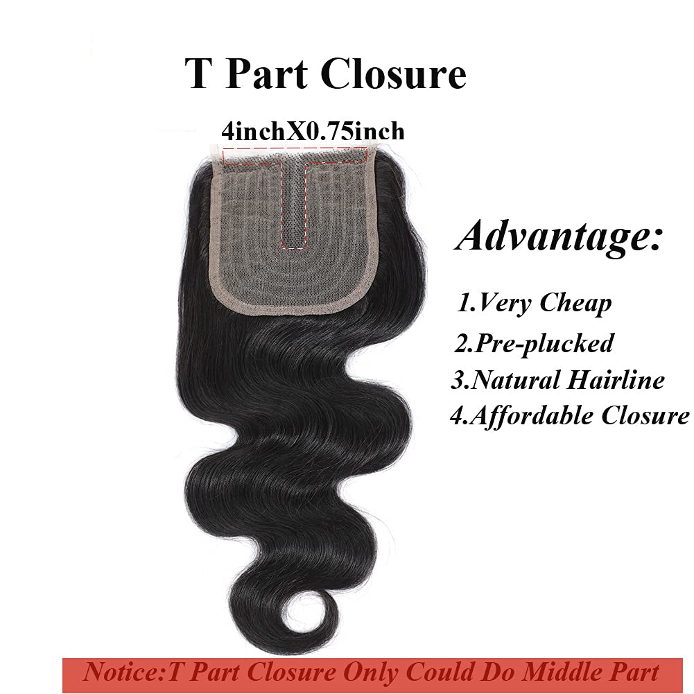 Amella Hair Brazilian Virgin Remy Body Wave Bundles with T Part Closure 4x0.75 Middle Part(12 14 16+12) 8A Body Wave Human Hair 3 Bundles with Closure T-Part Lace Closure Human Hair for Black Women