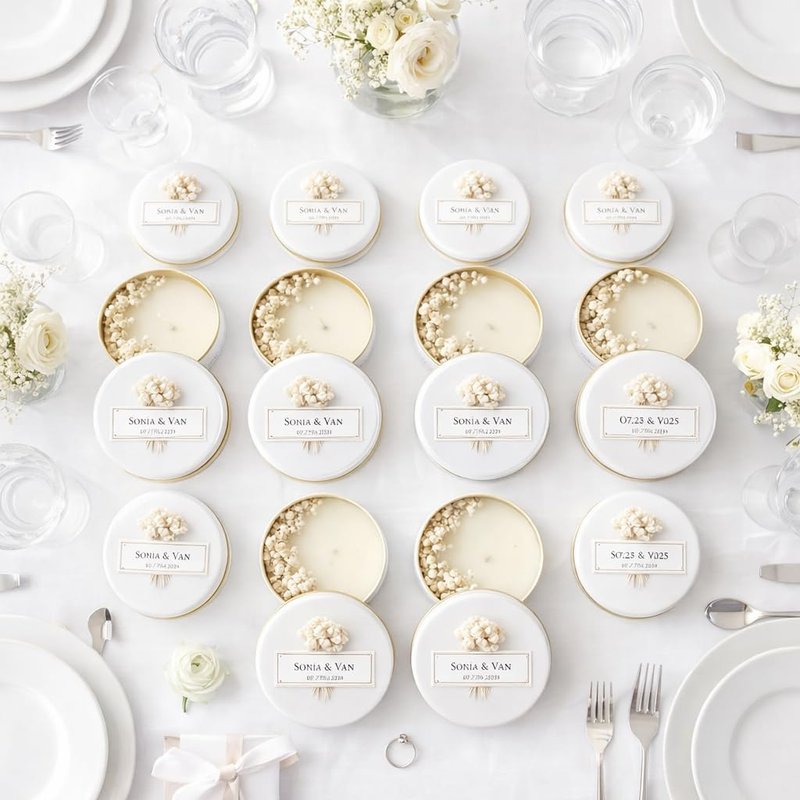 Personalized Soy Wax Candle Favors - Dried Flowers | White Tin Guest Gifts for Weddings & Showers (10-200 Count)