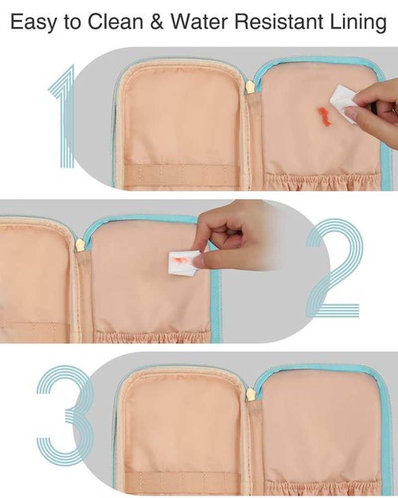 Relavel Small Makeup Bag, Travel Makeup Organizer, 2 layers Cosmetic Bag with Makeup Brush Holder, Compact Makeup Pouch for Women, Waterproof Toiletry Bag for Daily use(Light Blue)
