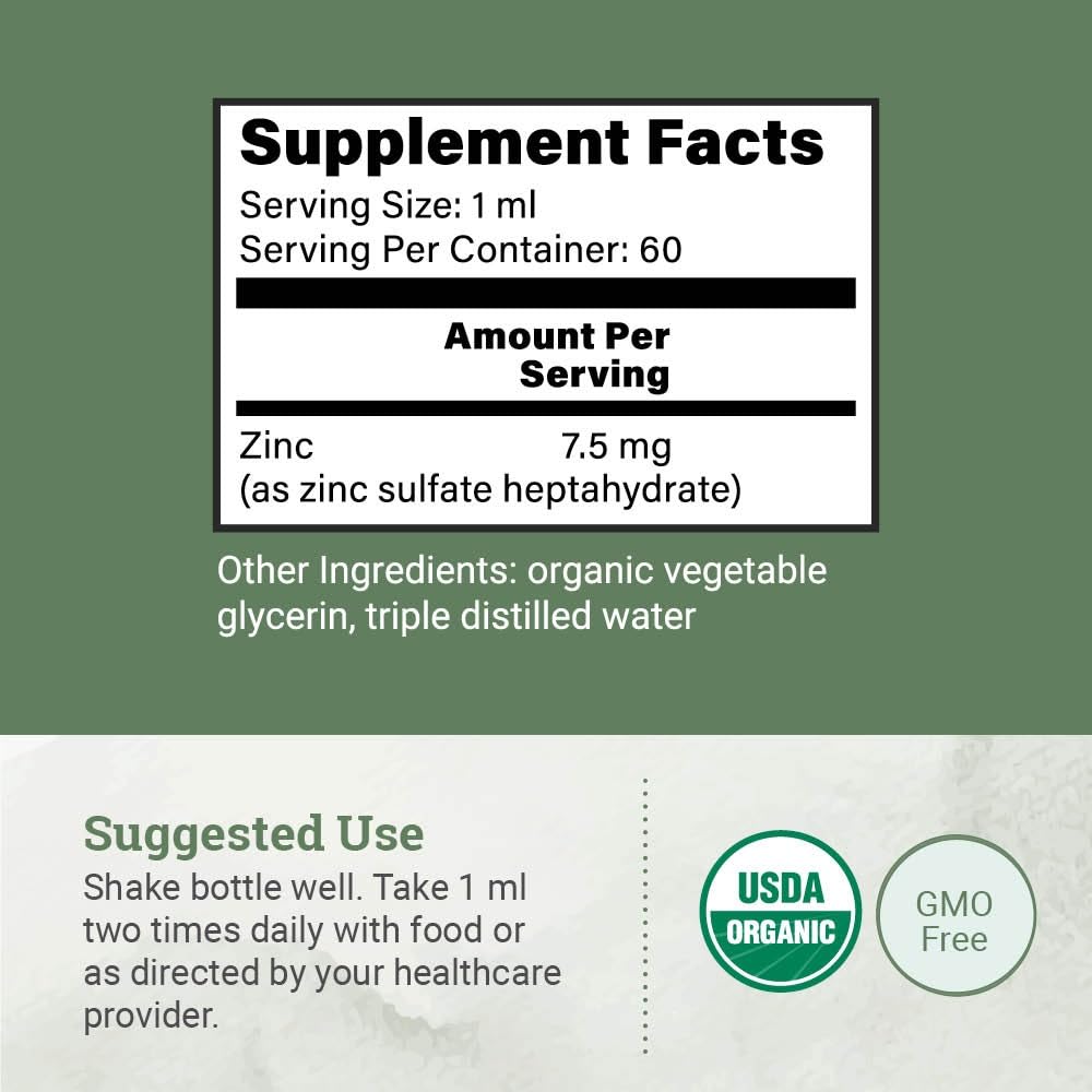 Organic Liquid Zinc Sulfate - Pure Zinc Supplements for Skin Health, Immune System Function and Normal Cell Growth in Adult Men & Women - Non-GMO, Vegan 7.5mg - 2 Fl Oz