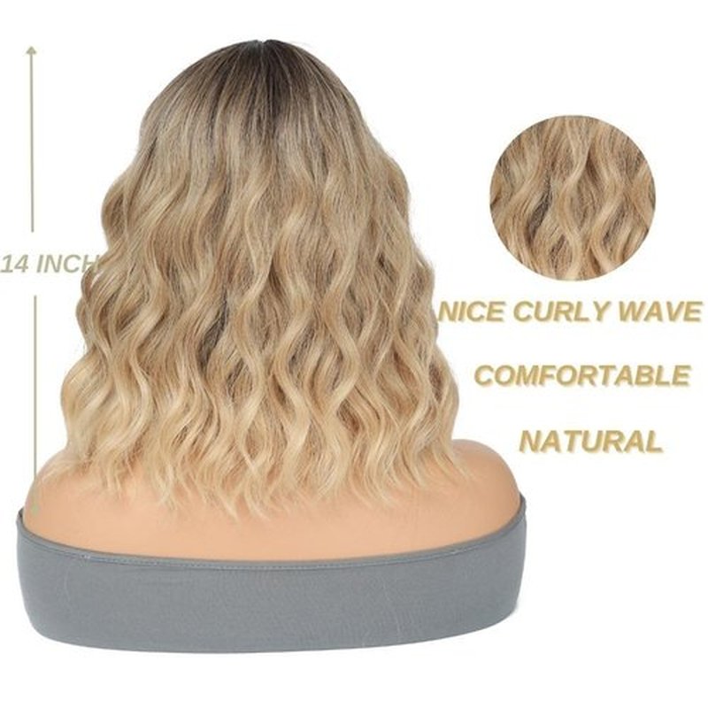 MeaYOO Ombre Blonde Wig with Bangs Short Bob Wavy Wig with Bangs for Women Loose Curly Shoulder Length Wig Synthetic Wig Cosplay Wig for Girl Daily Use Colorful Wig Cosplay Wigs 14 Inch