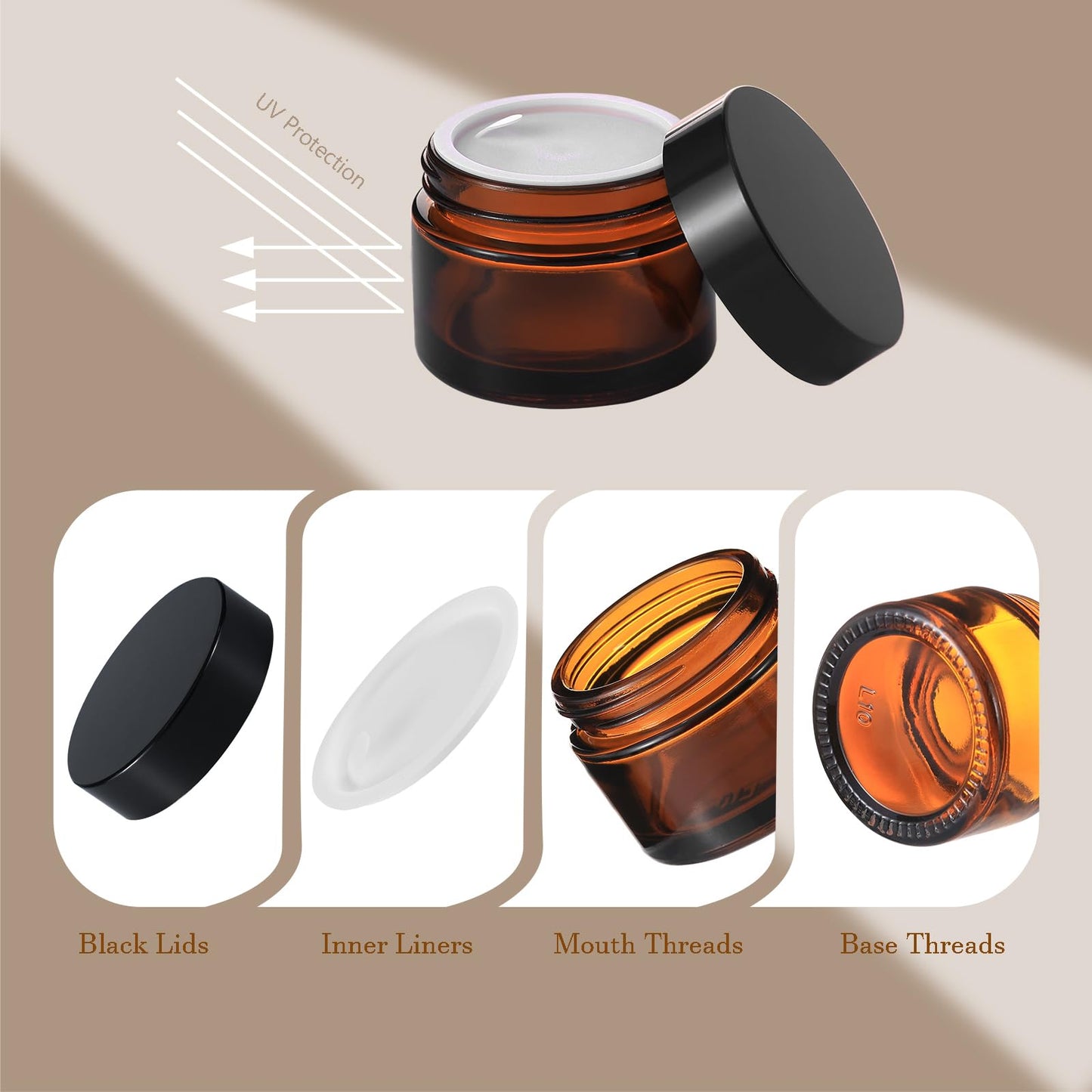 Lustervial 3 Pack 4 oz Amber Small Glass Jars with Airtight Lids, Lotion Containers, Cosmetic Containers, Little Travel Jars for Creams with Black Mini Spoon & Black Labels Included
