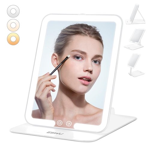 ESWU Travel Makeup Mirror with Light, Portable Folding Make Up Tabletop Mirror with 58 LEDs 3 Colors Light Modes Rechargable Compact Vanity Mirror with Adjustable Stand (White)