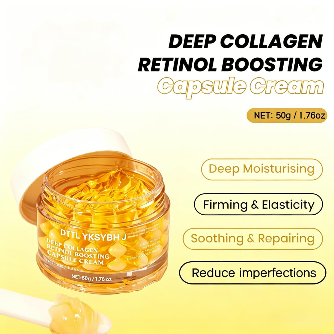 Deep Collagen Retinol Capsule Cream, 1.76 fl.oz - Golden Face & Neck Moisturizer with Hyaluronic Acid, Firming Hydrating Smoothing for All Skin Types