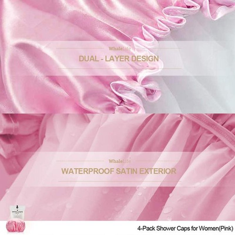 Shower Cap for Women Reusable Extra Large Shower Cap for Men (Pink 4 Pack Large) Satin Double Layer EVA Waterproof Long Hair Cap
