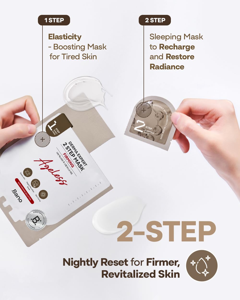 Bano Derma Expert 2 Step Firming Face Mask – 2 in 1 Sheet & Sleeping Mask with Peptides, Caffeine, Niacinamide & Hyaluronic Acid | Supports Skin Elasticity & Glow | Korean Skincare | 7 Sheets