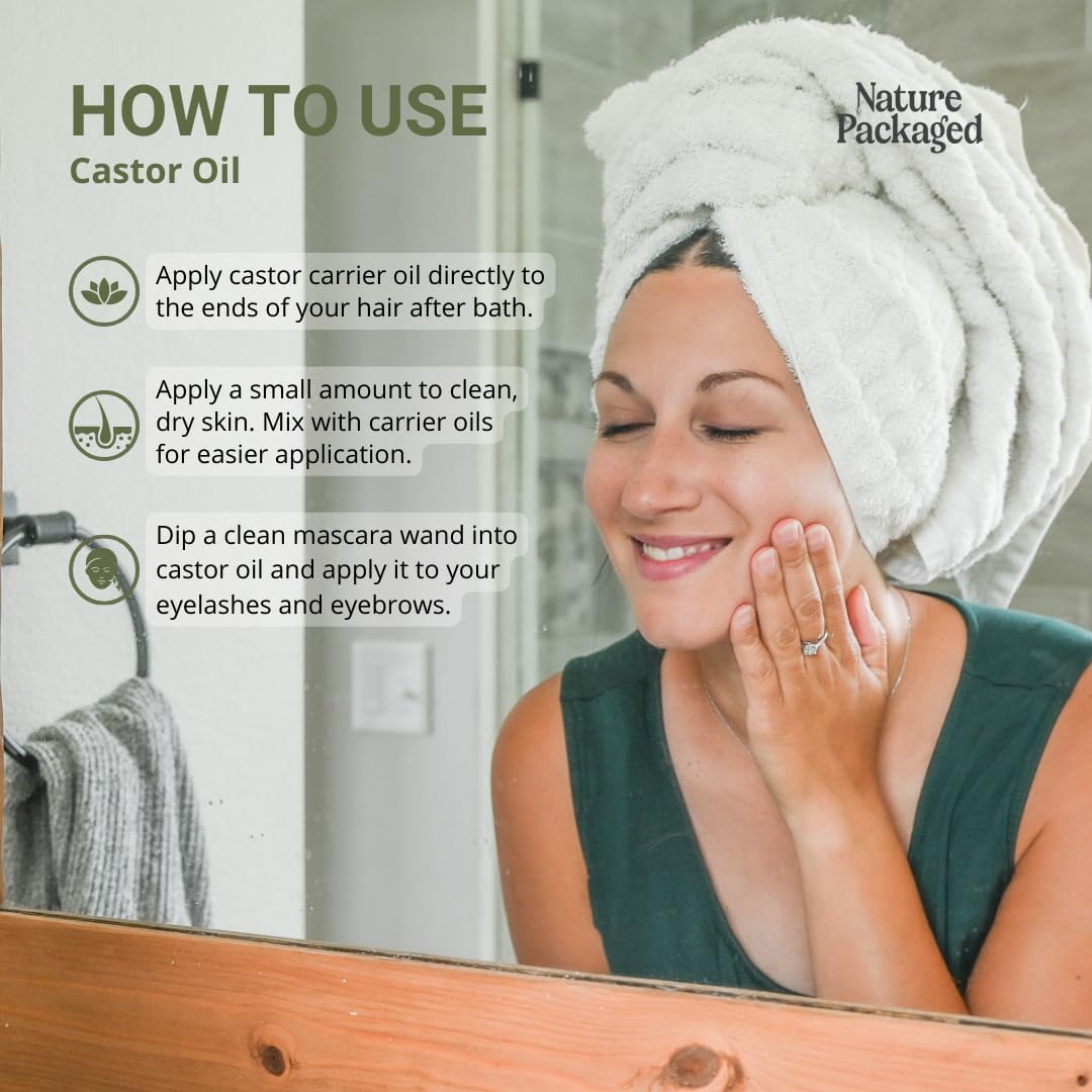 Nature Packaged Organic Castor Oil Direct From India - Cold Pressed Castor Oil For Face, Hair Growth, Eyelash Serum, Eyebrow - Skin and Face Moisturizer and Detox - Hexane Free 32oz