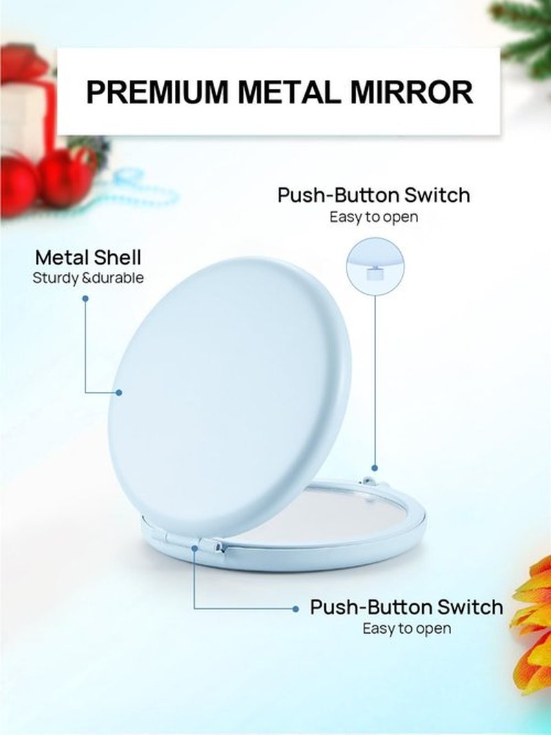 Getinbulk Compact Mirror for Purse, Set of 2 Double-Sided 1X/2X Magnifying Metal Pocket Makeup Mirrors(Round, Light Blue)