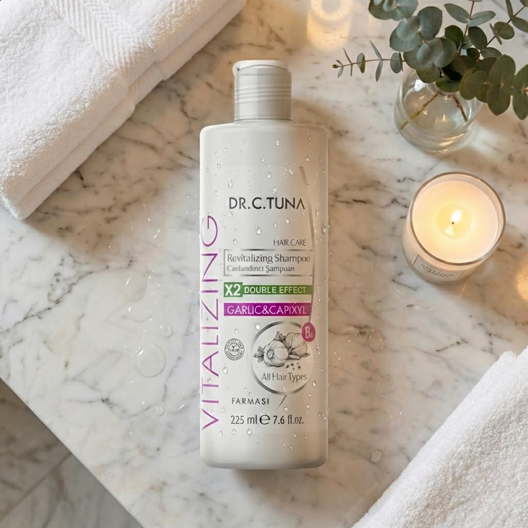 FARMASi Dr. C. Tuna Vitalizing Garlic Shampoo, Nourishing & Strengthening Formula with Garlic Extract and Capixyl, Helps Refresh Scalp & Support Fuller-Looking Hair, 7.6 fl oz