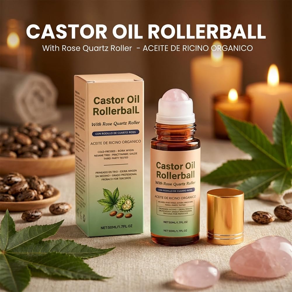 RAINPOT Organic Castor Oil Roll On with Rose Quartz Roller – 100% Cold Pressed Moisturizing Oil for Brows, Lashes, Face, Hairline & Dry Skin – Travel Friendly Leakproof Roller Bottle (2)