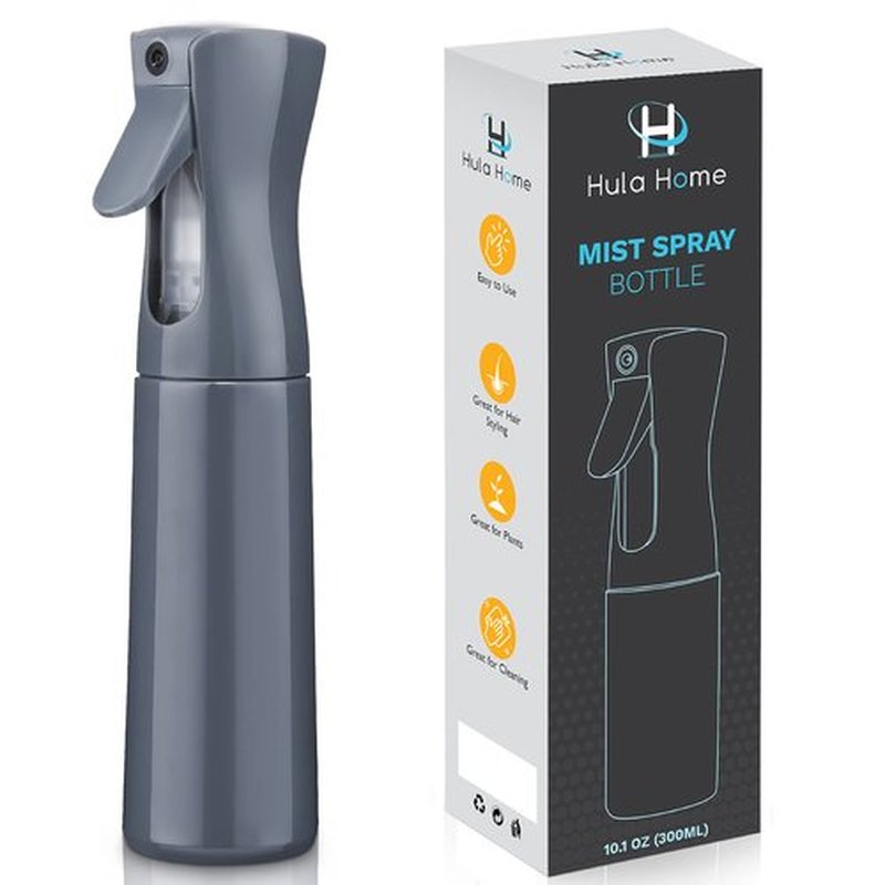 Hula Home Continuous Spray Bottle for Hair (10.1oz/300ml) Empty Ultra Fine Plastic Water Mist Sprayer – For Hairstyling, Cleaning, Salons, Plants, Essential Oil Scents & More - Gray