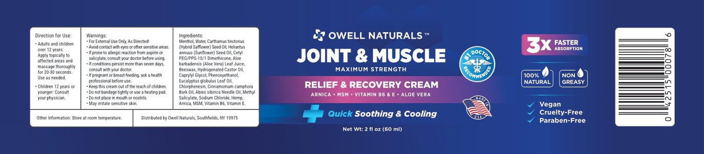 Owell Naturals Joint & Muscle Deep Penetrating Therapy Soothing Comfort Cream, Maximum Strength Relief & Recovery for Lower Back, Neck, Knee, Hands, Feet, Shoulder, 2 Oz