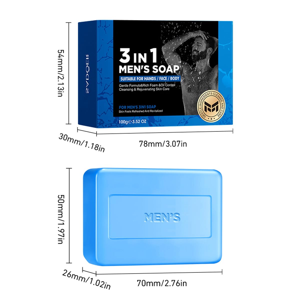 BEUKING 3 in 1 Bar Soap for Men, Bar Cleanser for Body, Face, and Shaving Extra, Gentle Body and Facial Cleanser Effectively Washes, Moisturizing Bar Soap to Clean and Hydrate Skin (3.53 oz, Blue)