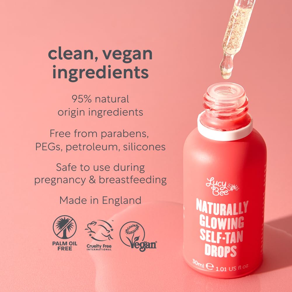 Lucy Bee Self Tanning Drops, Customizable Natural Tan for Face & Body, Coconut Water & Aloe Vera, Formulated without Fragrance, Add In Drops, Certified Vegan & Cruelty Free, 1.01 Fl oz