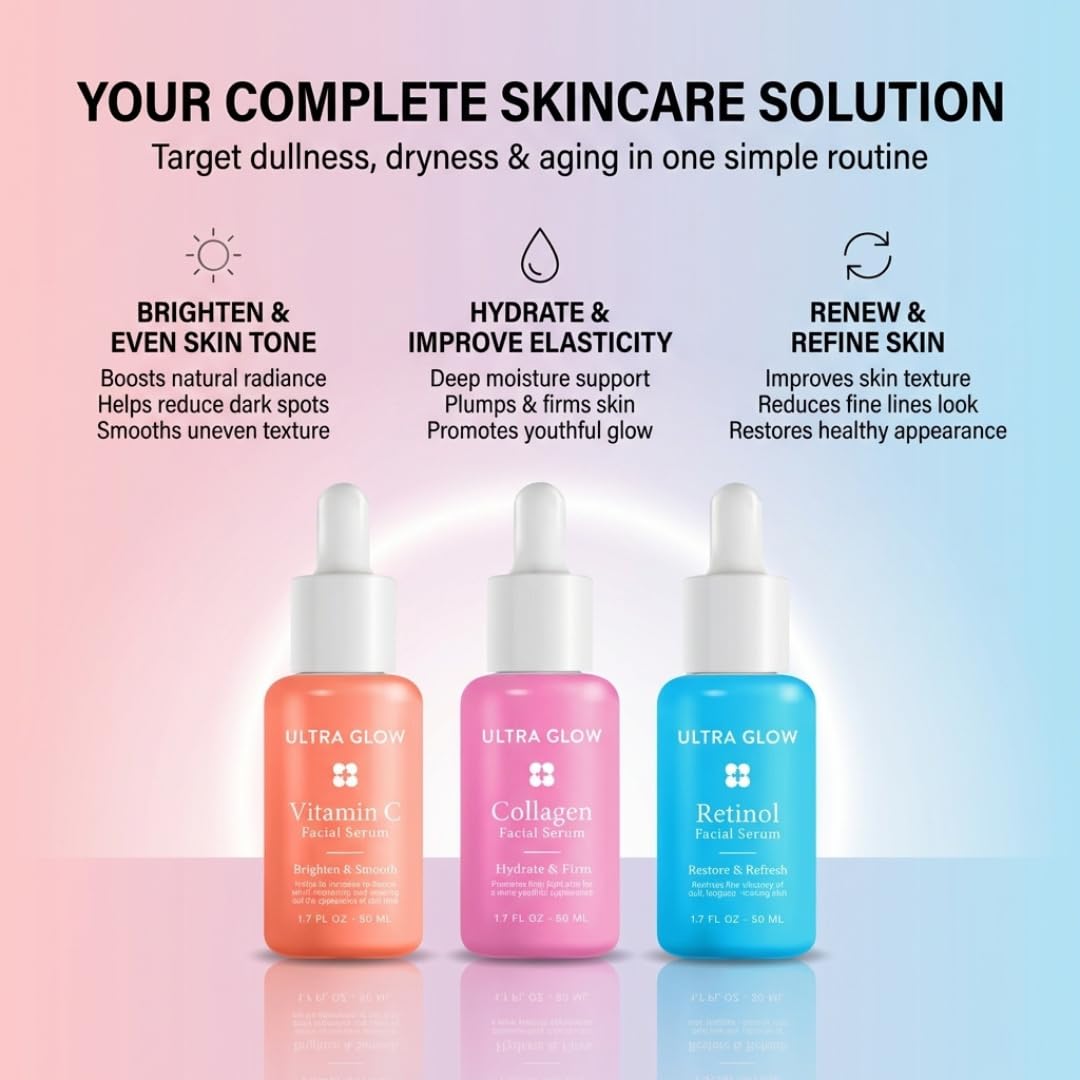 My Beauty Spot 3 Pack Facial Serums – Vitamin C Serum, Collagen & Retinol Serum for Face, Brightening & Anti Aging Face Serum for Women, Dark Spot Corrector, Hydrating Skin Care Set