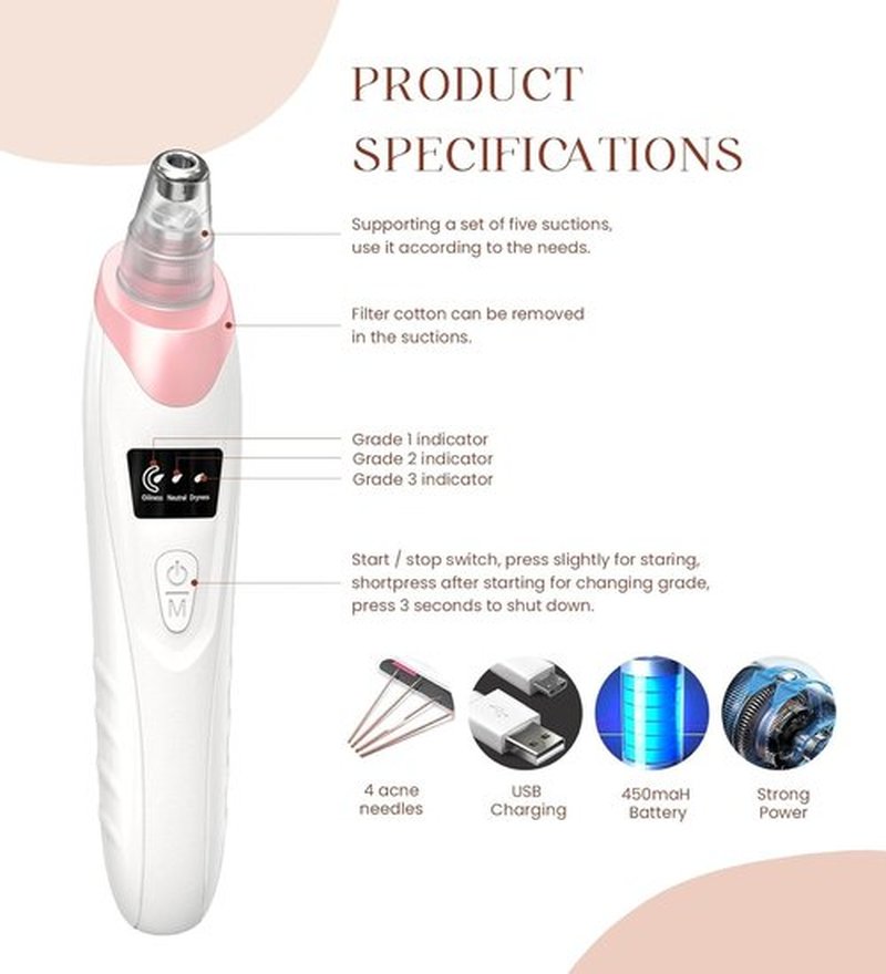2024 Blackhead Remover Pore Vacuum,Facial Pore Cleaner-5 Suction Power,5 Probes,USB Rechargeable Blackhead Vacuum Kit Electric Acne Extractor Tool for Adult (Pink)