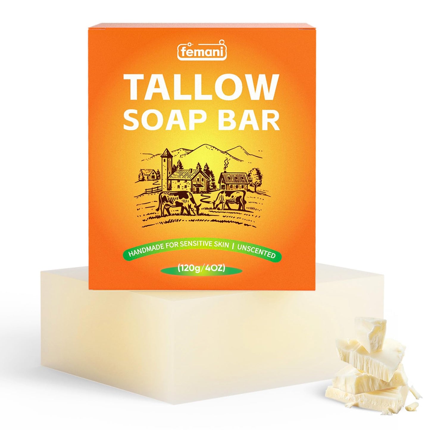 femani Beef Tallow Soap Bar - All Natural and Organic Grass Fed Tallow Soap Unscented - Moisturizes, Soothes, Hydrates Face & Body Wash Great for Itchy, Dry, Sensitive Skin, 4 oz