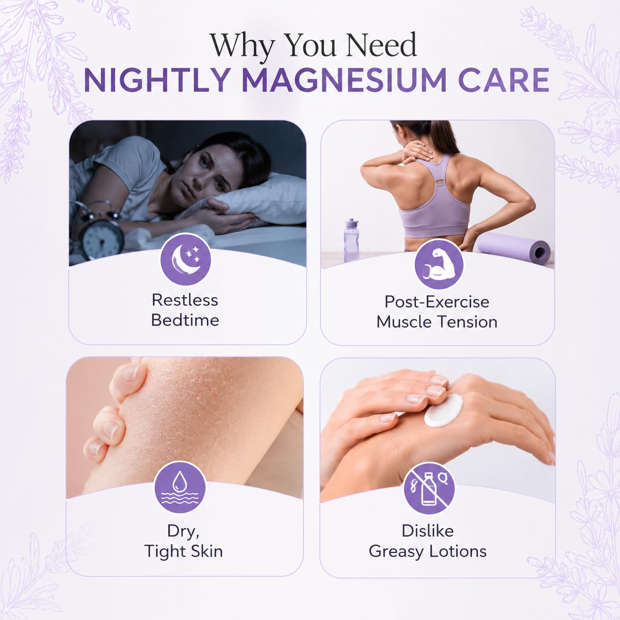 Magnesium Cream for Sleep and Relaxation - Lavender Magnesium Lotion with Chamomile & Cica - Moisturizing Body Butter for Overworked Muscles, Leg Tension & Nighttime Calm - Non-Greasy, Fast Absorbing