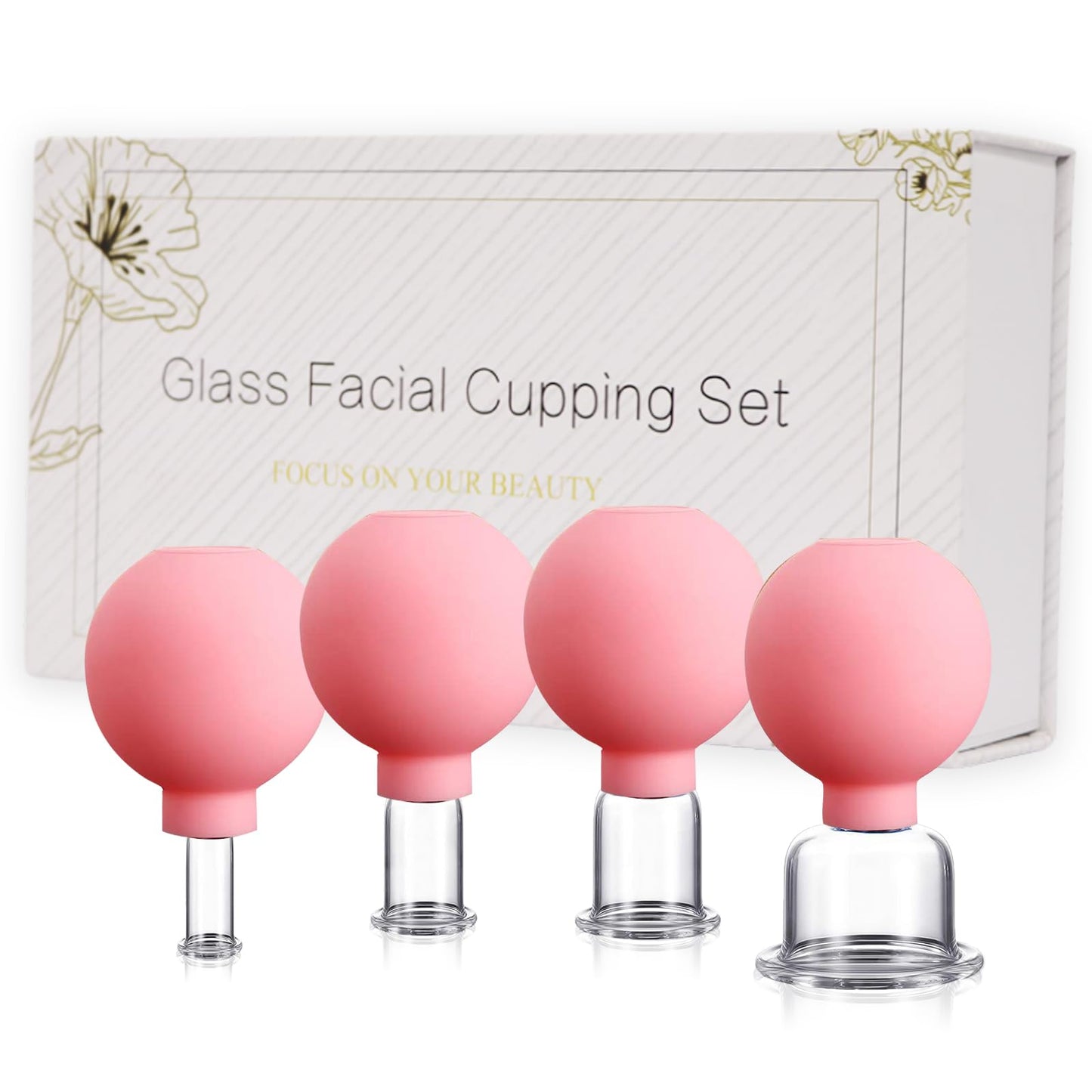 okmaba 4PCS Glass Facial Cupping Set, Anti Aging Face Cupping Cups for Face & Neck Lift, Glowing Skin - Rejuvenation, Lymphatic Drainage, Facial Vacuum Suction Cups (Pink)