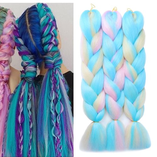 Xiaofeng Colorful Ombre Braiding Hair Extensions 24 Inch 3 Packs High Temperature Jumbo Crochet Braiding Hair for Box Twist Braids (24 Inch (Pack of 3), Rainbow 2)