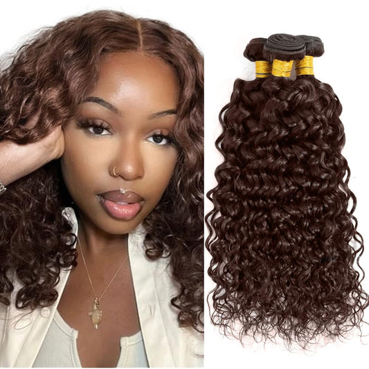 WuvuSnm #4 Chocolate Brown Human Hair Bundles Dark Brown Water Wave Bundles 12 12 12 inch 3 Bundles Brown Wet and Wavy Bundles for Women