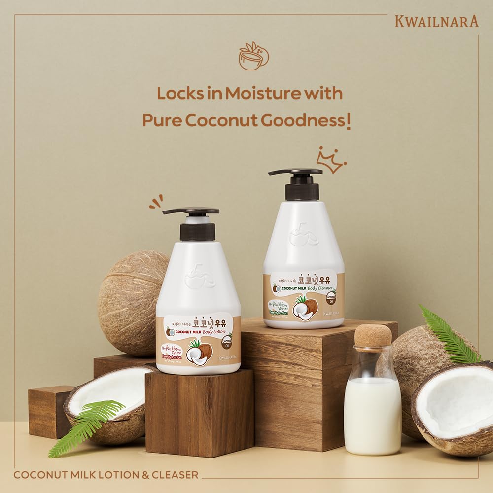 Kwailnara Coconut Milk Body Wash & Lotion Set (19.75 Oz Each) – 2-Piece Korean Skincare Duo for Hydrated & Silky Skin | Milk Protein, Royal Jelly & Restorative Coconut Extract | Paraben-Free