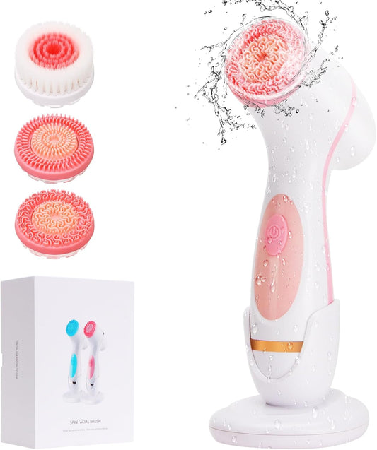 Electric Facial Cleansing Brush - 3-in-1 Waterproof Scrubber with 3 Brush Heads for All Skin Types | Rechargeable & Pink