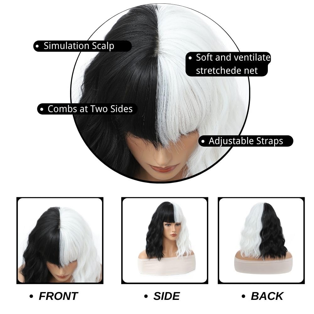 Black and White Wig, Halloween Wigs for Women, Short Bob Wavy Wig with Bangs Loose Curly Shoulder Length Wig Synthetic Cosplay Wig for Girl Colorful Cosplay Wigs Half Black and Half White 14 Inch
