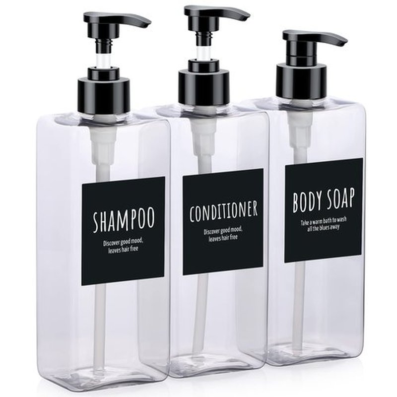 Segbeauty Shampoo Bottles, 3pcs 16.9oz Empty Refillable Pump Dispenser with Labels, 500ml Plastic Reusable Press Lotion Containers for Bathroom Hotel Liquid Soap Body Wash Hand Soap Conditioner Clear