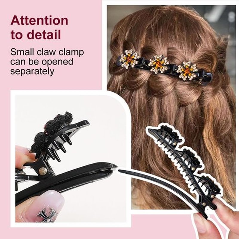 2 Pcs Sparkling Crystal Stone Braided Hair Clips, 2024 New Satin Fabric Hair Bands Rhinestone Four-Leaf Clover Hair Clip for Styling, Duck Bill Clips for Women Girls (A)