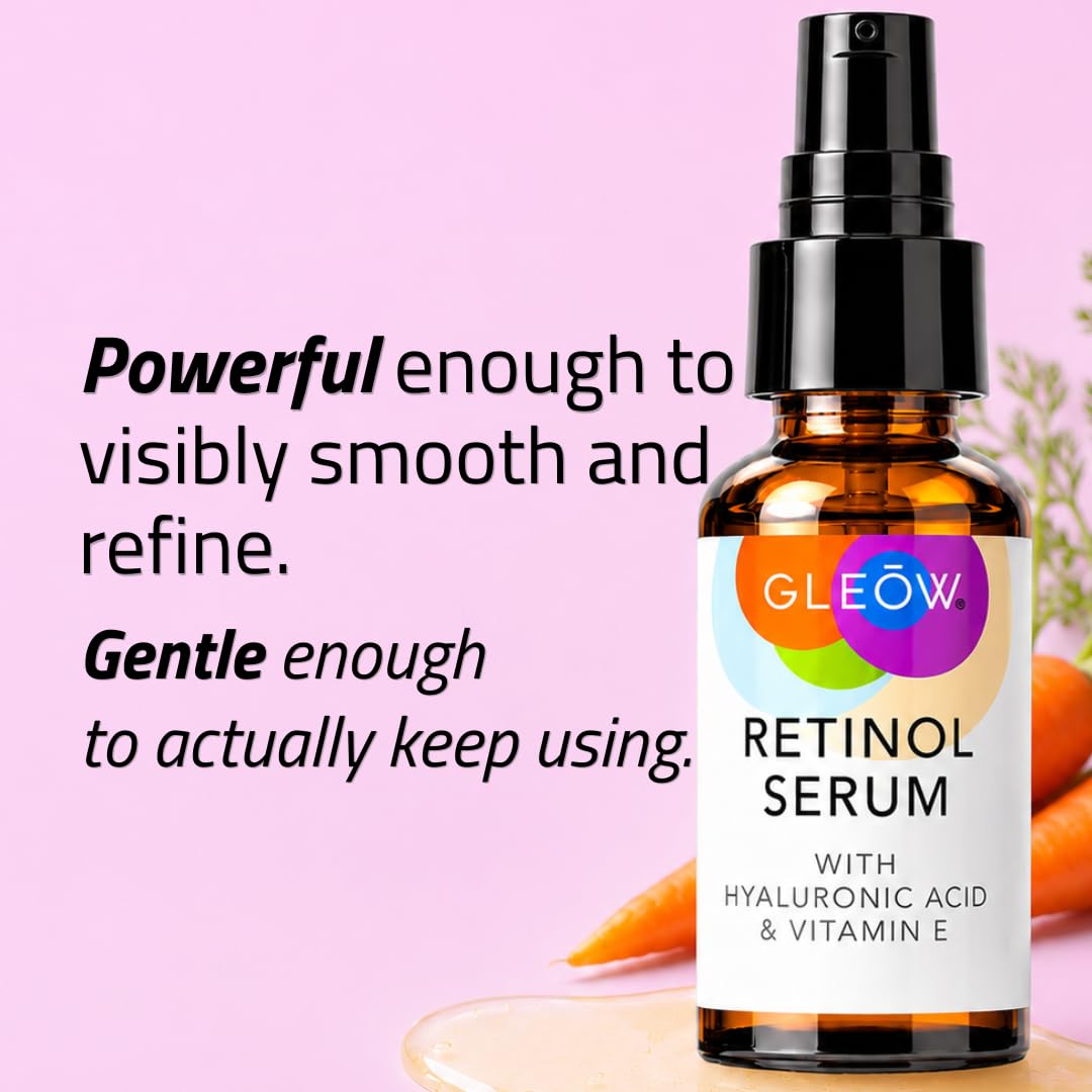 GLEOW Retinol Serum for Face with Hyaluronic Acid and Vitamin E, Gentle Retinol Face Serum Targets the Appearance of Fine Lines and Wrinkles, 2oz